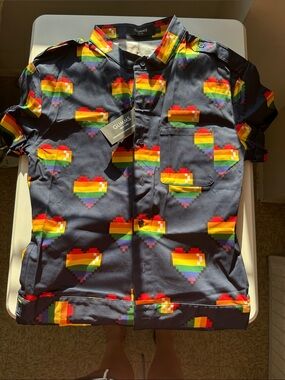 Navy Short-Sleeve Button-Up Shirt with Rainbow Pixel Hearts